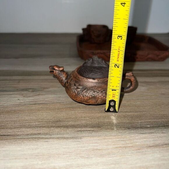 Yixing Zi Ni Vintage Brown Clay Miniature Tea Pot Set With Tray Carved 6 Piece - Picture 10 of 11